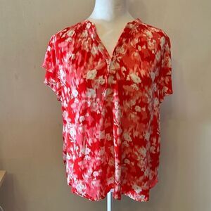 Bobeau red white pink floral short petal sleeves blouse Size L EUC